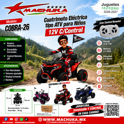 CUATRIMOTO ELÉCTRICA 12V TIPO ATV COBRA-26 CON CONTROL REMOTO