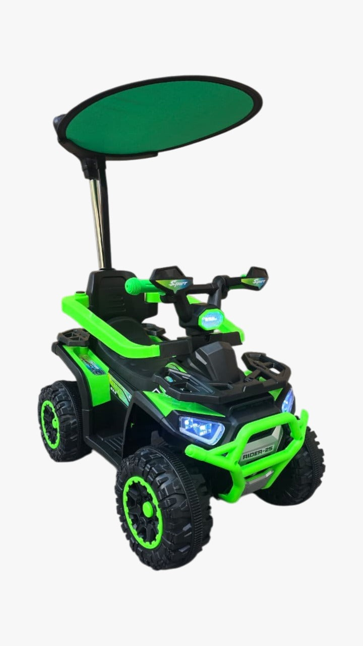 CUATRIMOTO ELÉCTRICA Y MANUAL RIDER-25, 6V C/TOLDO, CONTROL Y LUCES