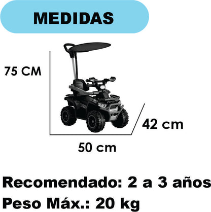 CUATRIMOTO ELÉCTRICA Y MANUAL RIDER-25, 6V C/TOLDO, CONTROL Y LUCES