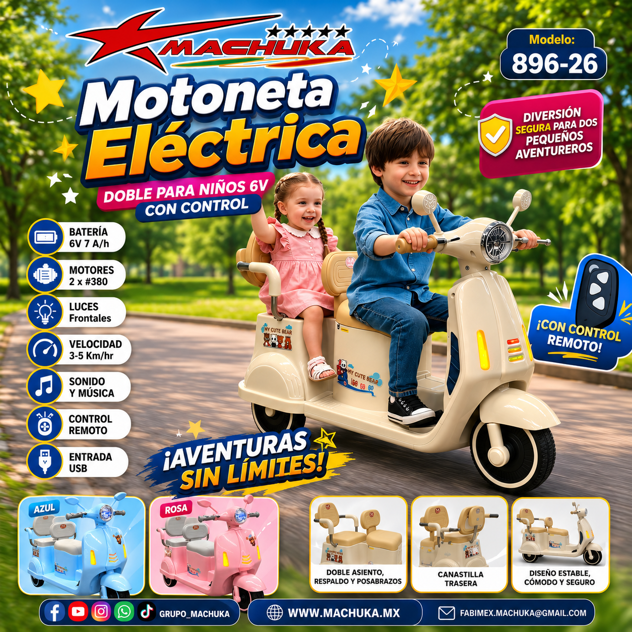 MOTONETA ELÉCTRICA 6V DOBLE ASIENTO CON CONTROL REMOTO 896-26