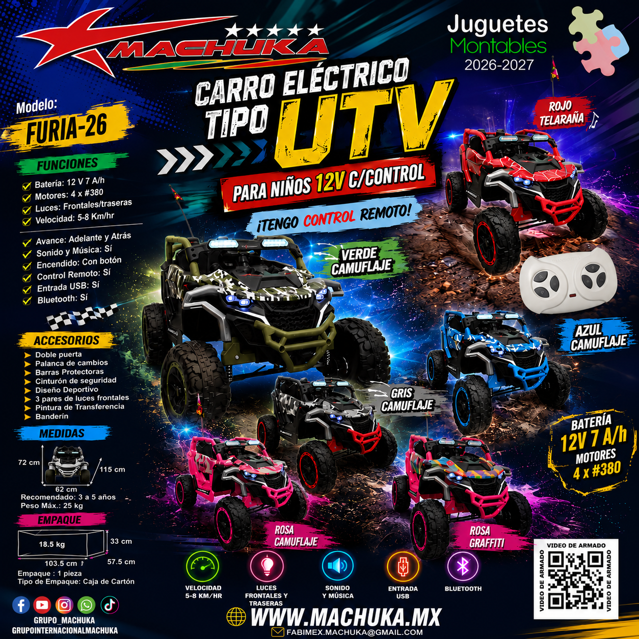 CARRO ELECTRICO 12V FURIA-26 CON CONTROL REMOTO