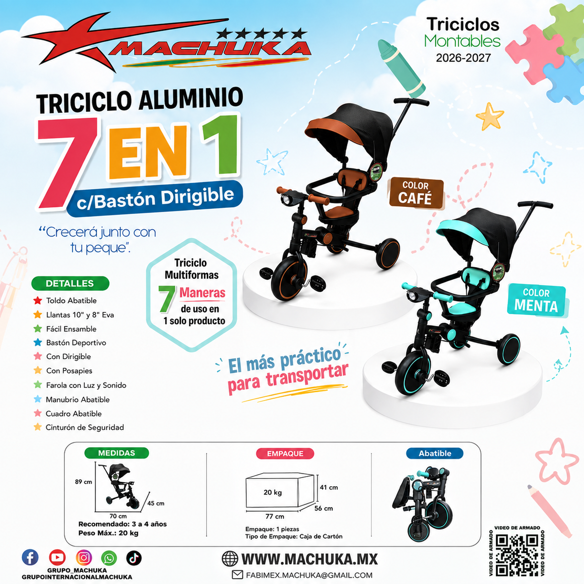 TRICICLO ABATIBLE CON TOLDO 7 EN 1 MULTIFORMAS TRK71