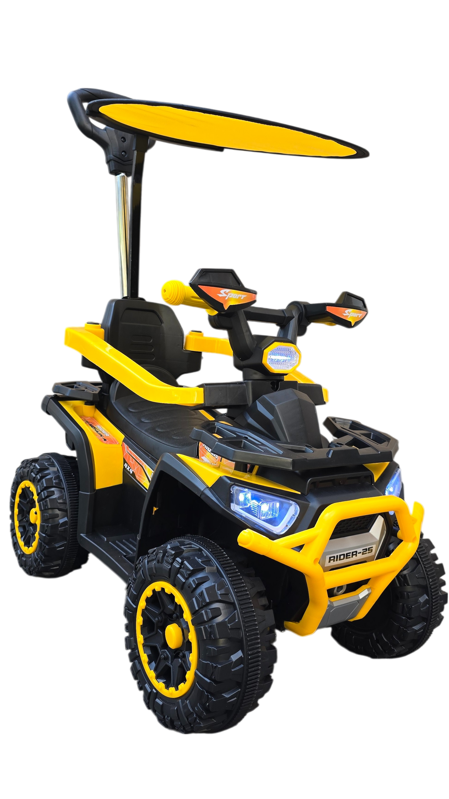 CUATRIMOTO ELÉCTRICA Y MANUAL RIDER-25, 6V C/TOLDO, CONTROL Y LUCES