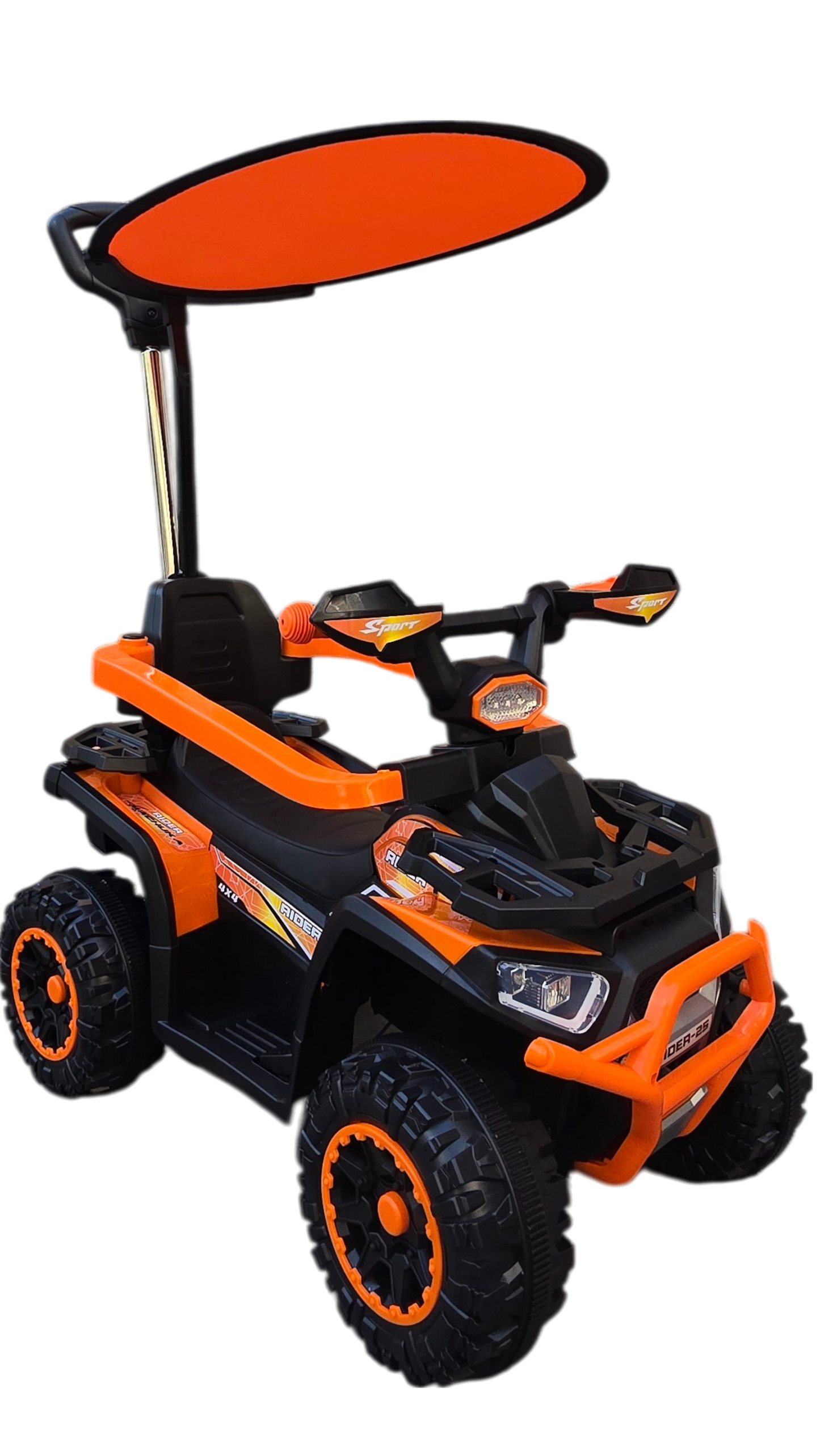 CUATRIMOTO ELÉCTRICA Y MANUAL RIDER-25, 6V C/TOLDO, CONTROL Y LUCES