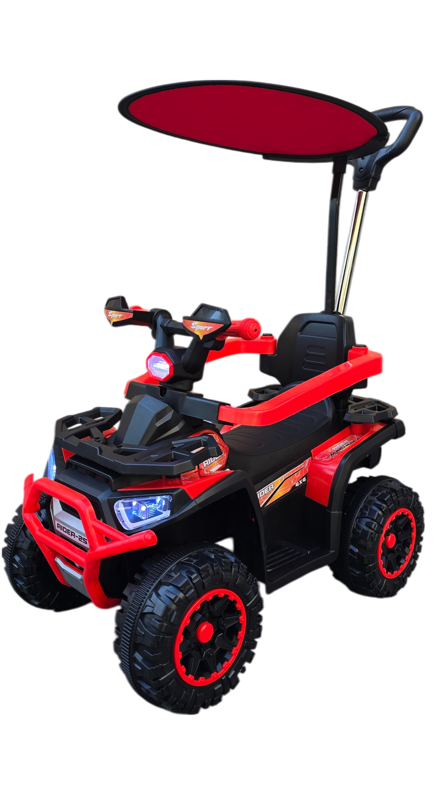 CUATRIMOTO ELÉCTRICA Y MANUAL RIDER-25, 6V C/TOLDO, CONTROL Y LUCES